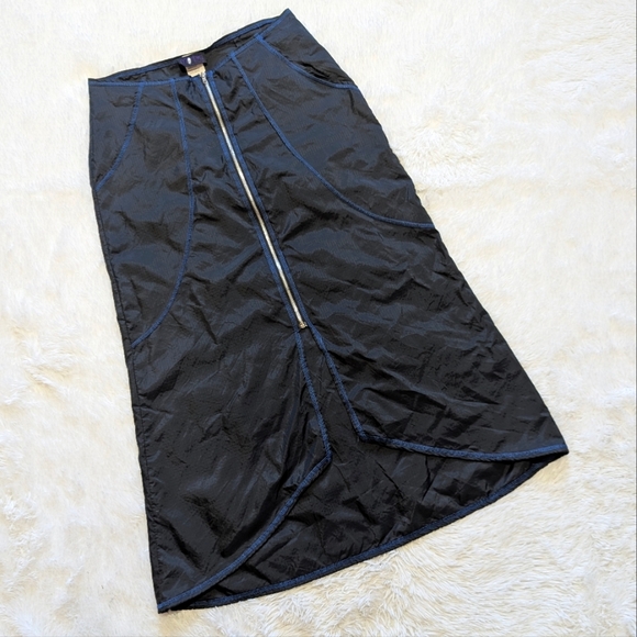Morbid Threads Dresses & Skirts - 1999 Vintage Morbid Threads 100% Nylon Black & Blue Zip Front Skirt XL